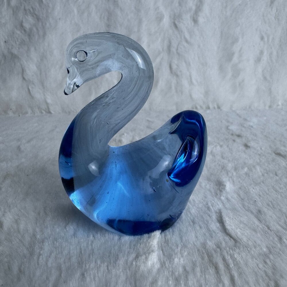 Vintage Art Glass Hand Blown Handcrafted Cobalt Blue & Clear Glass Swan Figurine